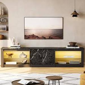 lot 50 image: 80 in. Black Marble TV Stand Fits TVs Up to 85 in. with Cabinet and Adjustable Glass Shelves   Customer Returns See Pictures