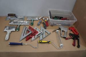 lot 6 image: Assorted Tools -Scrapers, Staplers, Paint Rollers, Squares