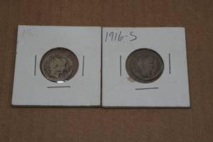 lot 164 image: 1911 & 1916-S Barber Silver Dime Coins