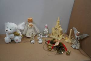 lot 303 image: Assorted Christmas Dcor -Lighted Church, Candle Holders, Trumpet