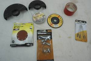 lot 228 image: hardware lot clamps, airbrush cleaning brushes, electric tape, hook and loop discs