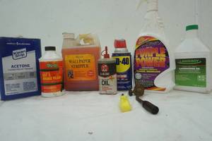 lot 339 image: Acetone, brake fluid, WD 40 and lawn mower oil