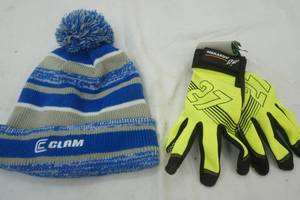 lot 348 image: Clam stocking hat and new work gloves