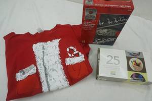 lot 424 image: Christmas lights (Martha Stewart) NEW IN BOX and light clips and Mens Christmas Shirt