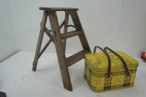 lot 54 image: Vintage tin picnic basket and step stool