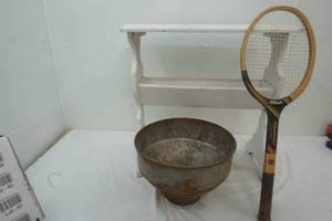 lot 63 image: Vintage milk strainer, table and tennis racquet, vintage decor