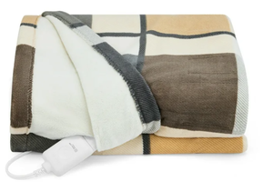 lot 133 image: Sunbeam Oversized Throw Neutral Plaid Microplush, 4 Heat Settings, 4-Hour Auto Shut-Off, Electric Heated Blanket, 60 x 80