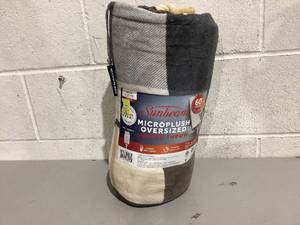 lot 479 image: Sunbeam Oversized Throw Neutral Plaid Microplush, 4 Heat Settings, 4-Hour Auto Shut-Off, Electric Heated Blanket, 60 x 80