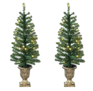 lot 422 image: 3.5 ft Pre-Lit Artificial Porch Christmas Trees with LED Lights, 2 Count, by Holiday Time