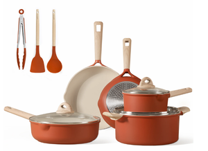 lot 531 image: Carote Classic 11 Piece Nonstick Die Cast Aluminum Cookware Set, Wooden Soft Touch
