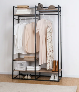 lot 547 image: Better Homes & Gardens Jace Freestanding Metal 2-Rod Garment Rack with 4 Wooden Shelves, Black