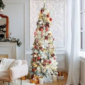 VEIKOUS 5-ft Pine Pre-lit Pencil Flocked Artificial Christmas Tree with White LED Lights  Customer Returns See Pictures