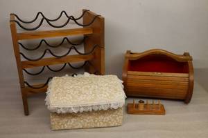 Wood Metal Wine Display Rack, Sewing Baskets Etc.