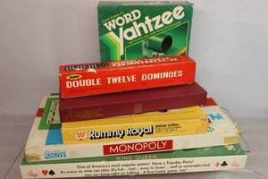Vintage Board Game CollectionTripoley, Word Yahtzee, Scrabble, Monopoly 1961, Double Twelve Dominoes, Rummy Royal