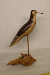 Wood Carved Shorebird on Petrified Gnarled Wood Base wGlass-Like Eyes.