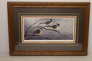 Artist Signed Numbered 747750 COA Print Three-s A Crowd Black-Capped Chickadees By James A. Meger 1989