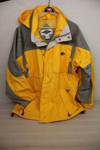 Vintage LAL Lightweight Windbreaker Size Large-Generous Hooded Zipper Snap Thigh-Length Pull-Tie Waistband and Butt-Band Yellow Gray Silver Coat