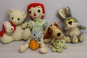 Very Vintage Plush Toy StuffiesHandmade Raggedy Ann, Bunny Hand Puppet 1982, BlueBird Animal Fair 1977 Etc