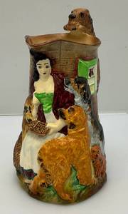 1930s Burleigh Ware Reproduction Of Old Feeding Time English Pottery Jug By Samuel Alcock Large Pitcher With Woman And Dogs