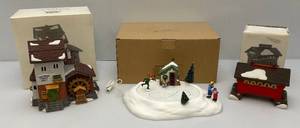 Dept 56 The Heritage Collection (Alpine Village Series)  Storder Grist Mill & Red Covered Bridge & Time To Celebrate Forever Green Skating Pond & (All In Original Boxes)