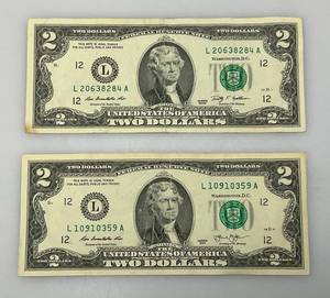 Two Vintage US Two Dollar Bills (In Protective Sleeve)