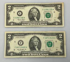 Two Vintage US Two Dollar Bills (In Protective Sleeve)