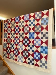 lot 5 image: Large Vintage Patriot Picnic Diamonds & Squares Quilt Project with a Great Start in Blues, Reds & White Tones