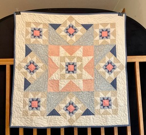 lot 7 image: Quilted Wall ArtVintage Square Thinking Outside the Box Center Star Quilt in Salmon, Blue, Cream & White Tones
