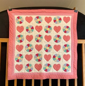 lot 8 image: Quilted Wall ArtVintage Square Quilt Tic-Tac-Toe Hearts & Os Finished Quilt in Various Colors Including Deep Pink, Teal & White.Tones and Patterns