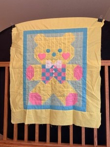 lot 15 image: Vintage Hand-Stitched Teddy Bear Hugs Quilt Project Started in Pastels Pink, Blue, Yellow & Green