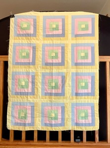 lot 16 image: Vintage Twelve-Block Baby Crib Quilt Blocks Stacking Boxes Quilt Project in Pastels Waiting for Your Finishing Touch