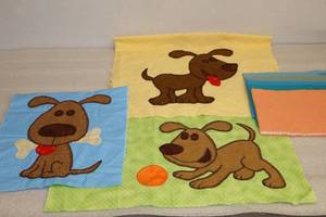 lot 66 image: Adorable Puppy Quilt Project wThree Completed Blocks and Extra Polka-Dot Fabric