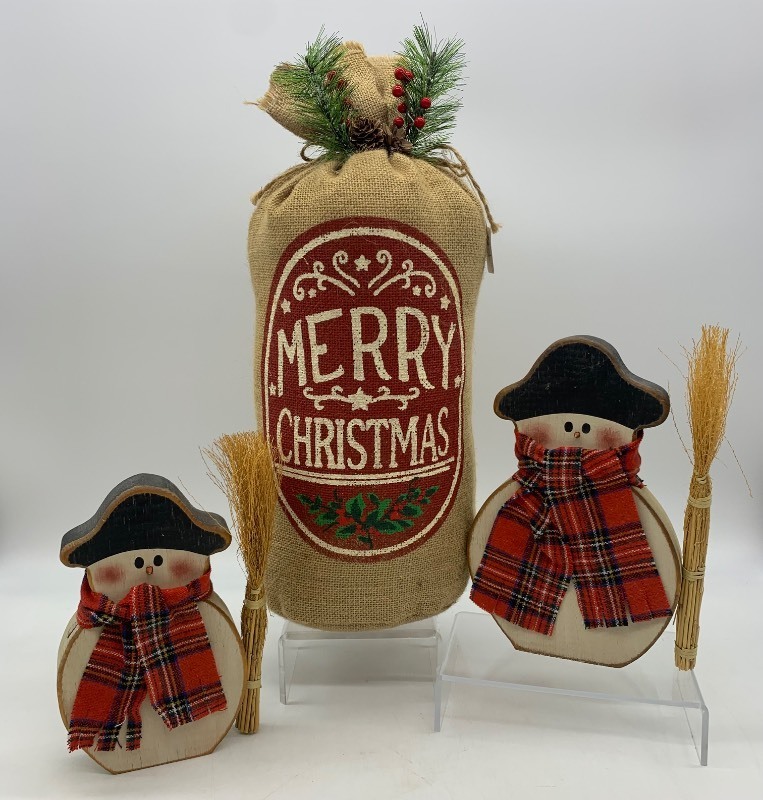 Christmas Wooden Snowman and Burlap Sack