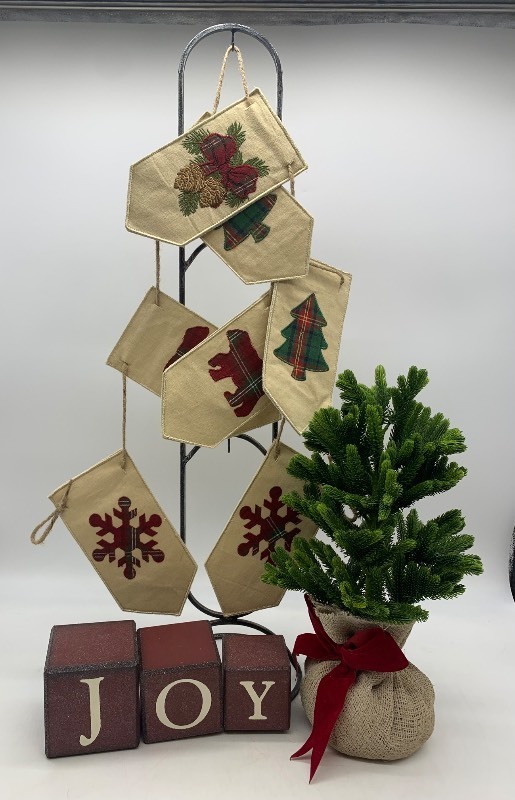 Christmas Garland, Wood Block JOY and Faux Tree