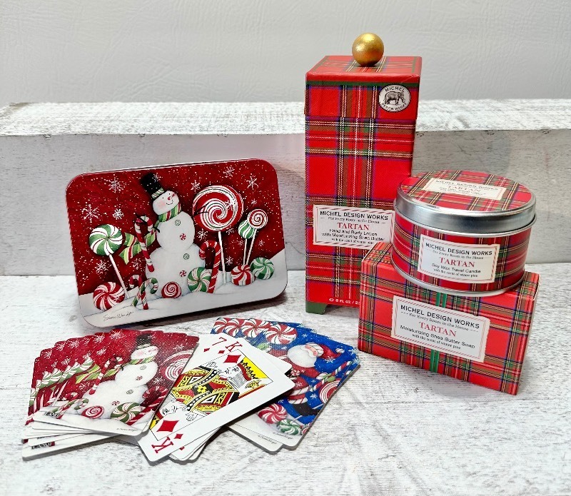NIB TARTAN AROMATHERAPY Set and Snowman Playing Cards with Tin