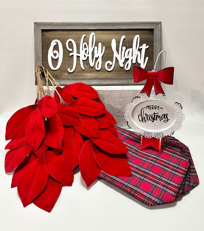 O Holy Night WOODEN Sign, METAL Merry Christmas Sign, Plaid Placemats and FLOCKED Decorative Greenery