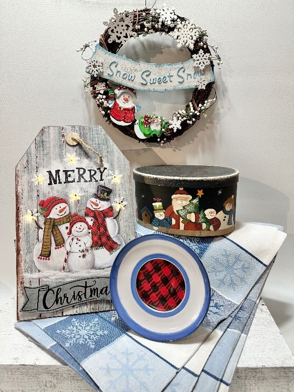 HOLIDAY SNOWMAN Wreath, Sign, Snowflake Placemats, Ceramic Frame and Santa Box