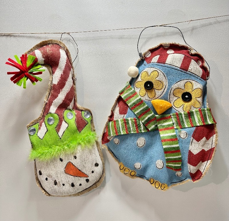 HAND PAINTED Puffy Burlap Snowman and Owl