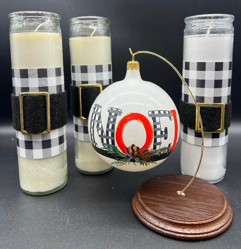 Jumbo Glass NOEL Ornament and Hand Crafted Candles