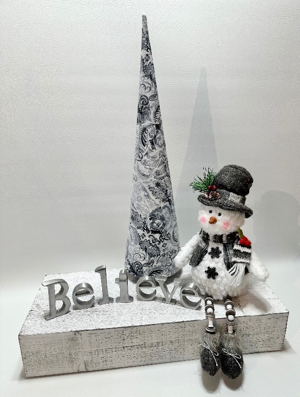 HOLIDAY DECOR TRIO including Cone Tree, Metal Believe Letters and Snowman