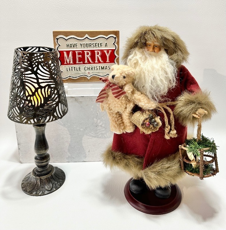 Figural Santa, Battery Table Top Lamp, and Christmas Sign