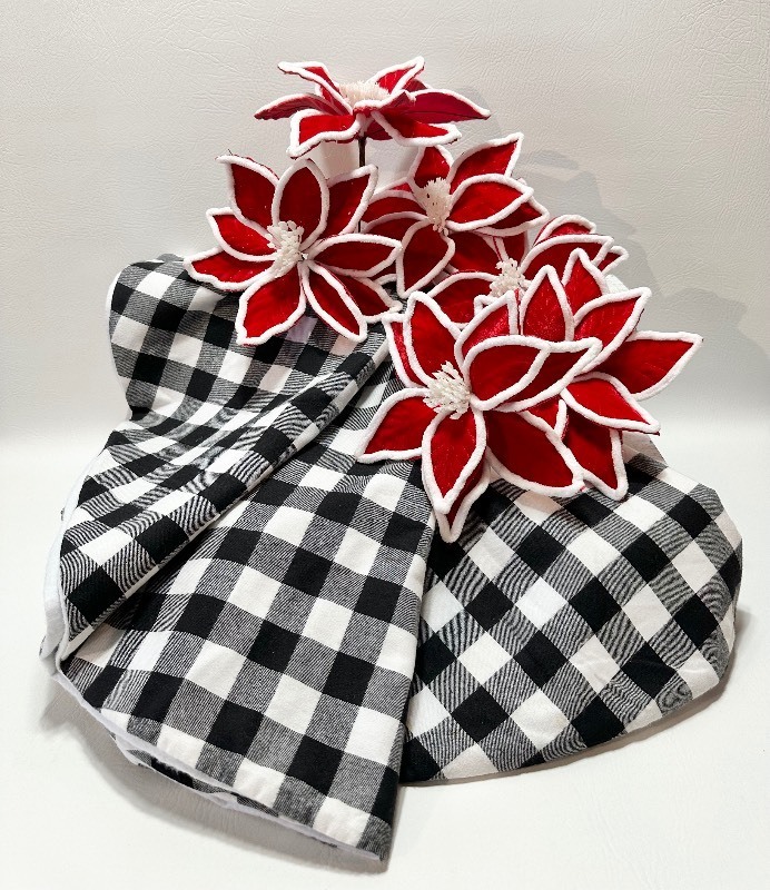 Buffalo Plaid TREE SKIRT and Decorative Flocked Faux Poinsettias Picks