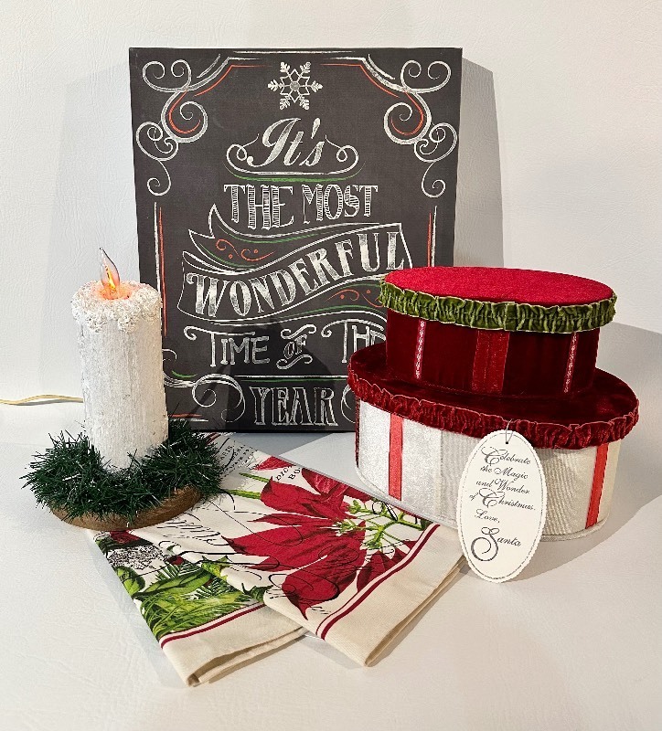 ASSORTED HOLIDAY DECOR including MICHEL DESIGN Tea Towel, Sign, Electric Lighted Candle and New Velvet Boxes