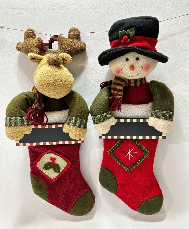 Plush Reindeer and Snowman CHALK SIGN STOCKINGS