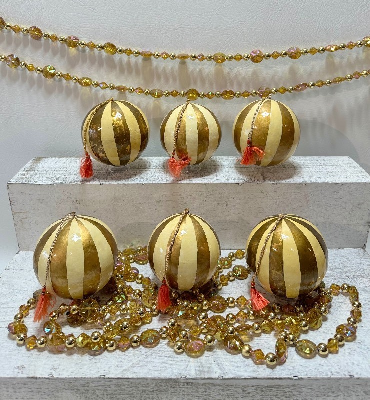 Gold PLASTIC Jewel Garland and Large Striped Globe Ornaments with Tassels - QTY 6 and 2