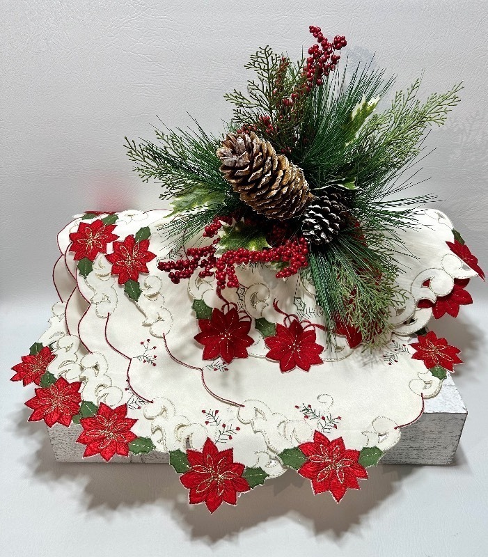 MERRY POINSETTIA Linen Placemats and Hanging Faux Pine Arrangement