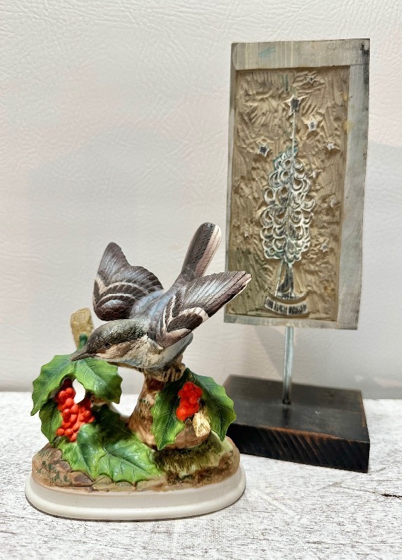 WOOD and METAL Christmas Tree Art and CERAMIC Mockingbird Figurine - JAPAN