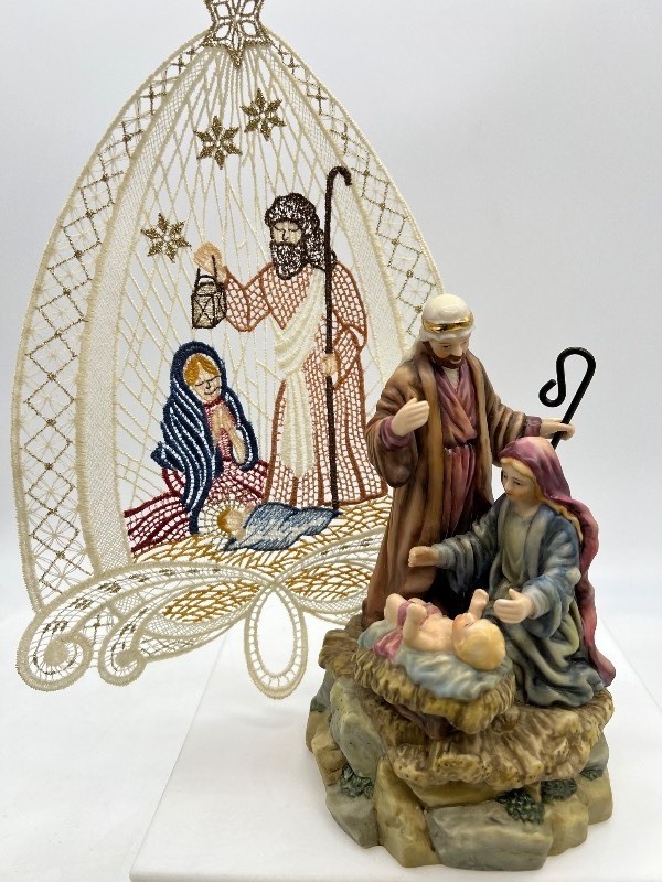 Porcelain Nativity Figurine and Nativity Lace Ornament
