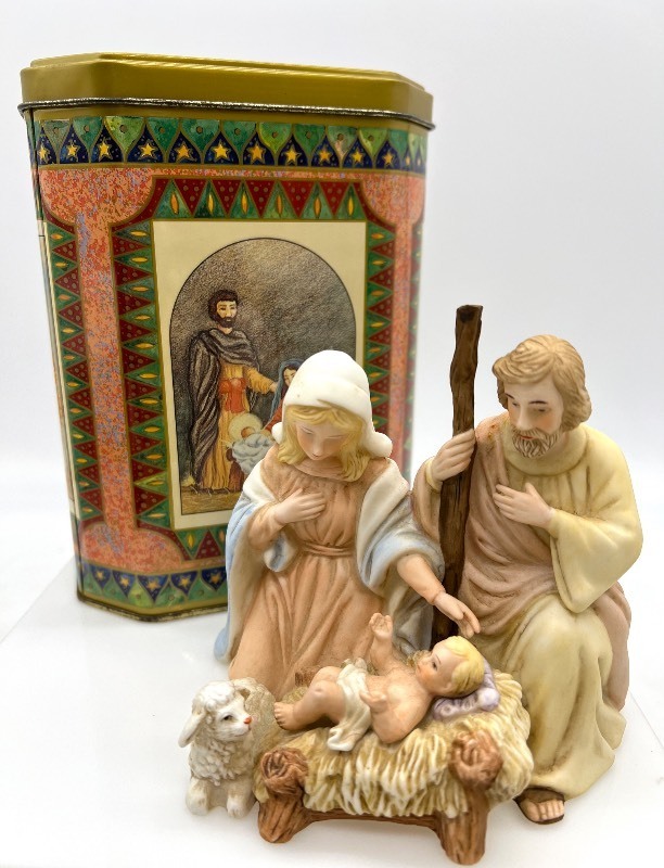 PORCELAIN Nativity Figurin CANDLE Holder and Nativity Tin