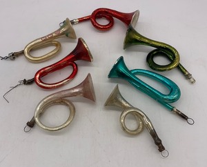 Vintage Glass Christmas Ornaments - Horns  Trumpets - Qty 7